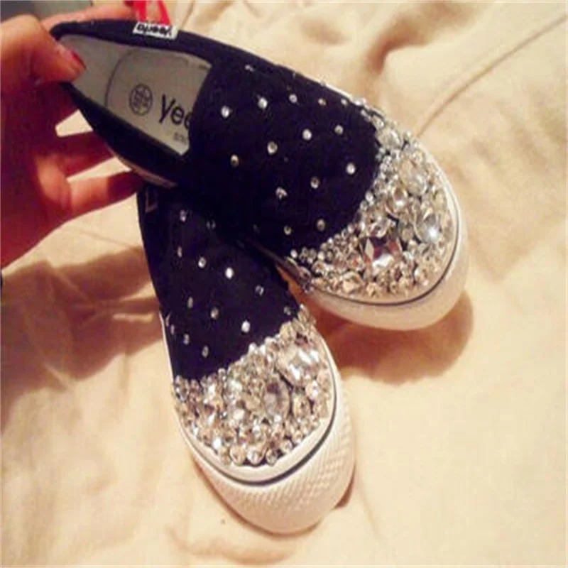 

Handmade rhinestone glass flat canvas shoes Women's casual sports party shoes 35-40