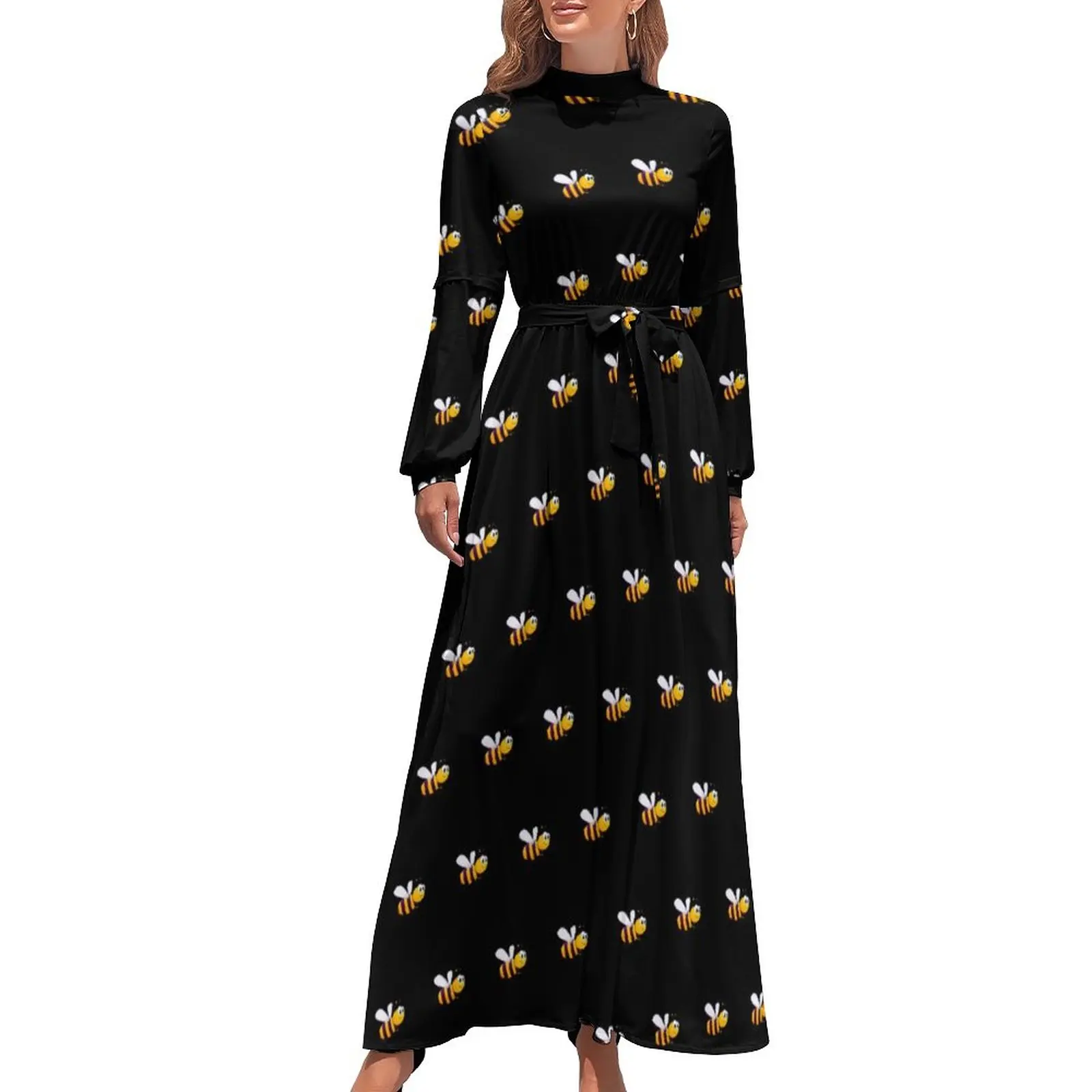 

Cute Bumble Bees Dress Long Sleeve Black Funny Bee Print Party Maxi Dress High Waist Basic Pattern Bohemia Long Dresses Gift