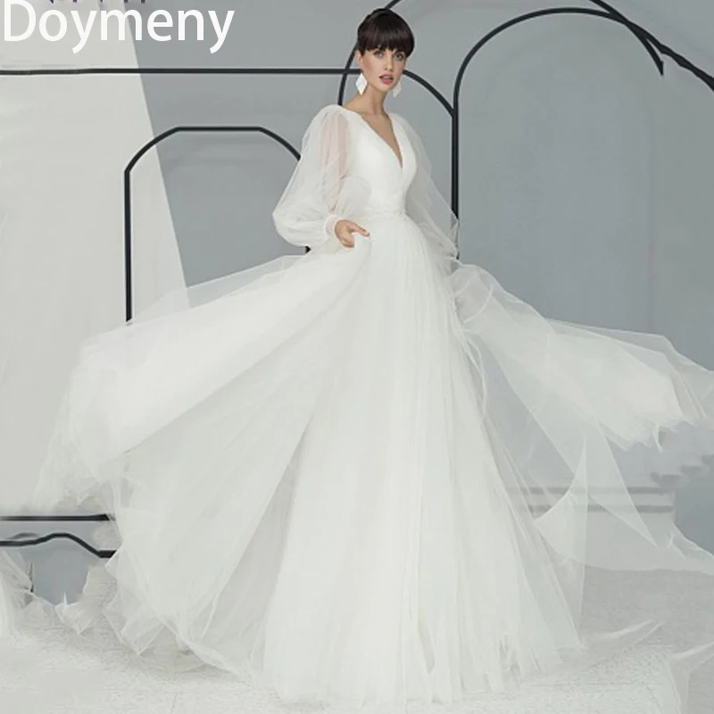 

Doymeny Bridal Wedding Dress Sweep Train V-Neck Backless Tulle Pleat Lace Modern lantern Sleeve A-Line Ilusion Robe De Mariée