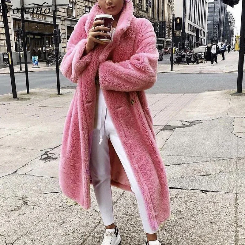 

Volemo Long Teddy Bear Jacket Coat Women Winter 2022 Thick Warm Oversized Chunky Outerwear Overcoat Women Faux Fur Coats
