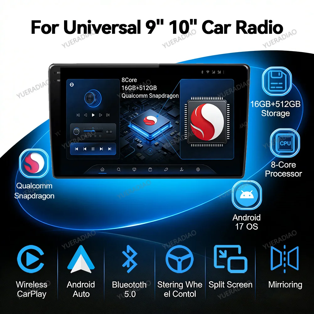 Фото Универсальная автомобильная мультимедийная система Android 17 с GPS и Bluetooth, 9/10 дюймов, 2 DIN, для умного автомобиля №1