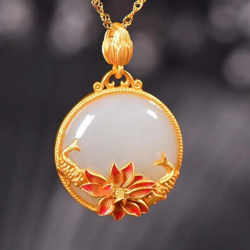 

Cloisonne Enamel Lotus Carp Fish White Jade Pendant 925 Sterling Silver Necklace Women Fine Jewelry For Girlfriend Mom Gifts