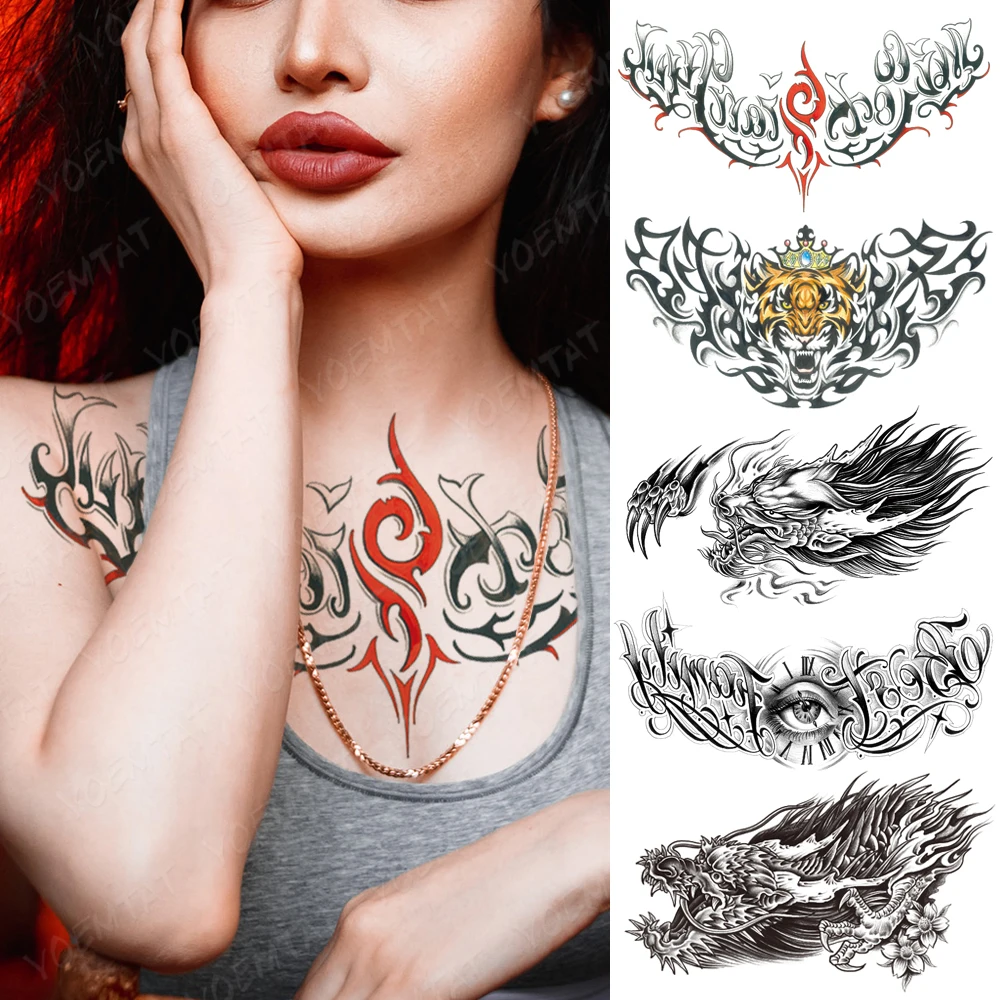 

Chest Tattoo Stickers Red Thorns Lettering Words Waterproof Temporary Fake Tatoo Large Waist Shoulder Sexy Body Art Men Women