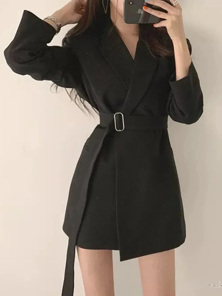 

Fashion Woman Blazer 2022 Suit Mid-length Retro Belted Temperament Jacket Office Wear Women's Tops Fall Jacket for Women Coats