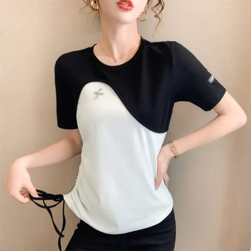 

2022 Summer Black White Patchwork T-shirt Women Short Sleeve O-neck Cotton Tops Tees Fashion Y2K T Shirts Female Plus Size