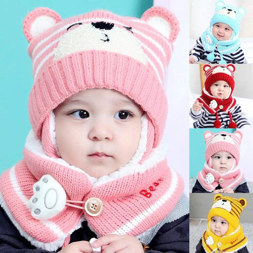 

Bear Unisex Baby Hat Warm 6M-34M Winter Kids Girls Boys Cartoon Stripe Knit Cap Woolen Yarn Scarf Earmuff keep Set for outdoor