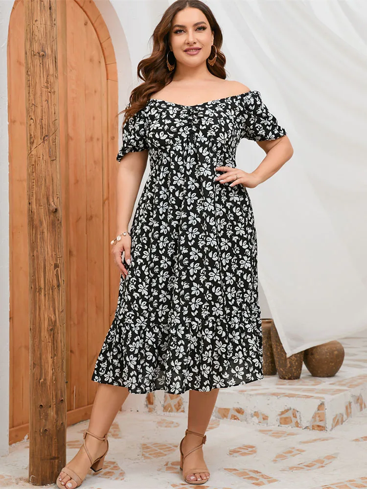 Plus Size Summer Dresses for Women 2023 4XL 5XL Womens Floarl Square collar Ruffles Midi Dress Elegant Party Dresses for Ladies