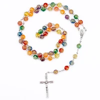8mm fashion religious jewelry unisex catholic christian jesus colorful rose beads virgin mary pendant cross rosary necklace