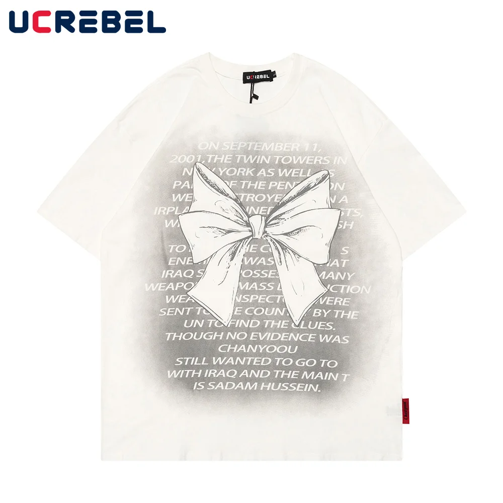 

Футболка мужская хлопковая с коротким рукавом и круглым вырезом, уличная одежда свободного покроя с принтом банта, в простом стиле, лето