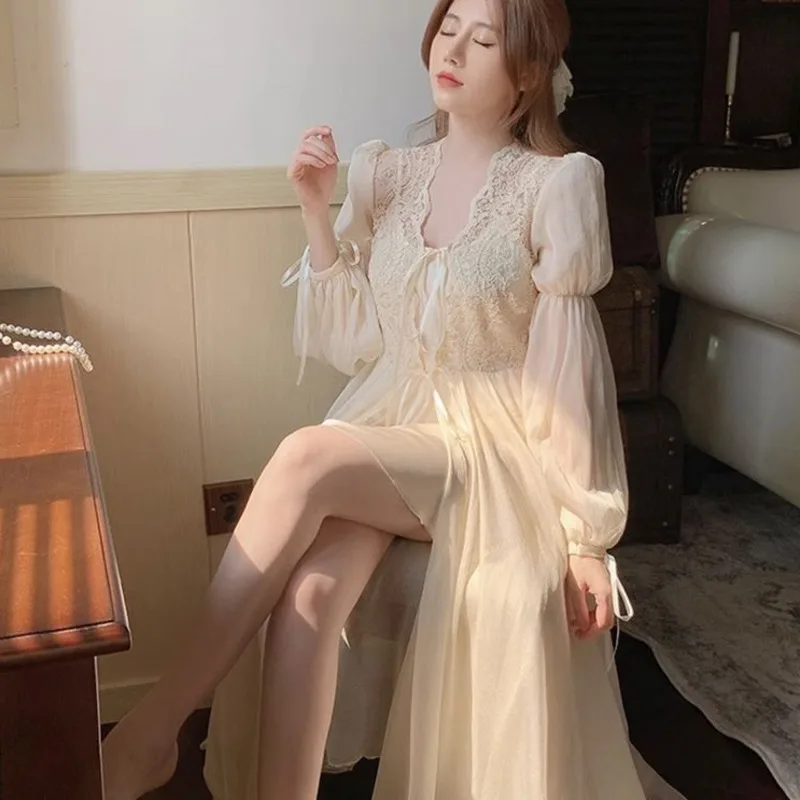 

2pcs Lace Nightgowns Women Ice Silk Long Sleeve Mesh Elegant Wedding Ceremony Luxury Nightdress Home Dressing Gown Robes Pajamas