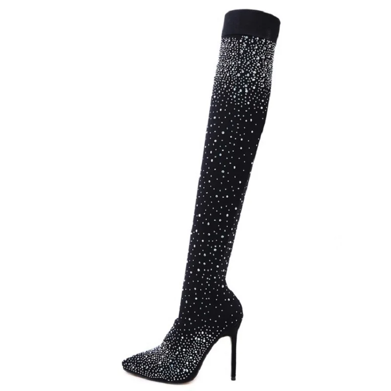 

New High-heel Rhinestone Pointed Toe Over-the-knee Boots Fashion Sexy Slip-on Thin Heels Sock Boots Women Female Big Size 35-43