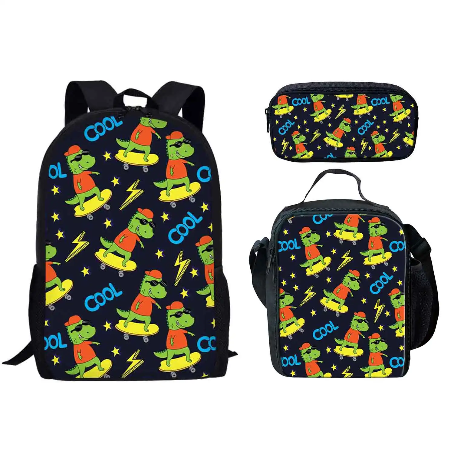 Cartoon Dinosaur Print Backpack Pencil & Lunch Bag Set Portable Travel Children's Knapsack Durable Large Capacity School Bags
