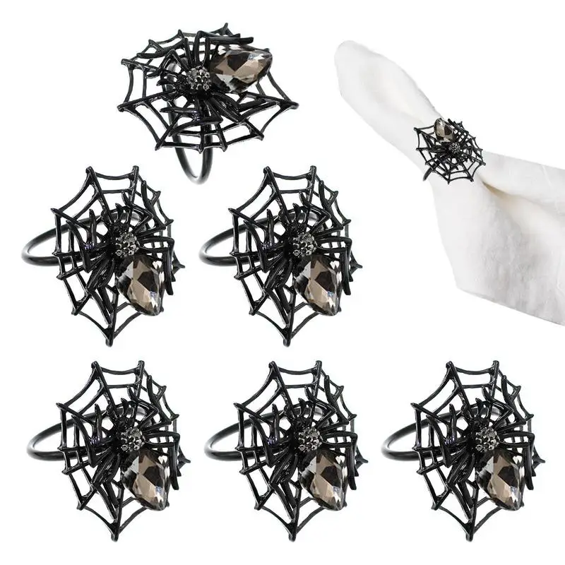 

Halloween Napkin Rings Holders Spider Web Napkin Rings Decorative Napkin Ornaments Rhinestone Spider Decor 6pcs/Set Napkin