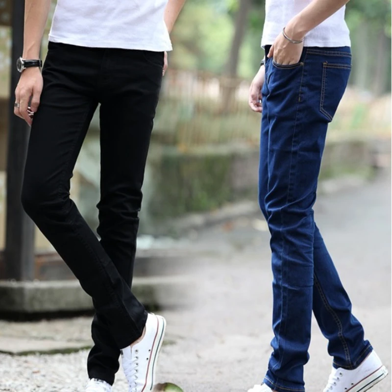 Summer Jeans Men Casual Solid Color Slim Stretch Jeans Streetwear Jeans Men Zipper Button Mid Waist Denim Pencil Pants Trousers
