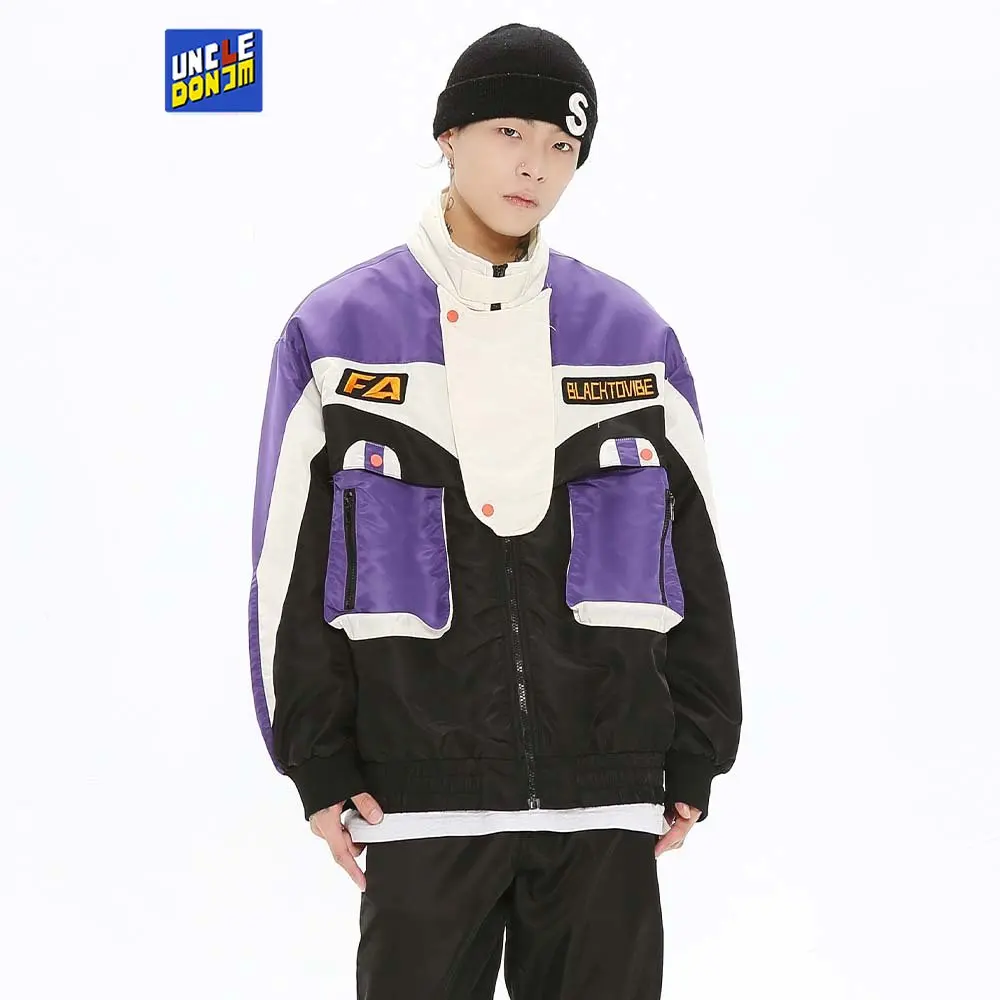 

Colour block bomber jacket multi-pocket coat men winter streetwear varsity jacket motorcycle jacket warm jackets for men