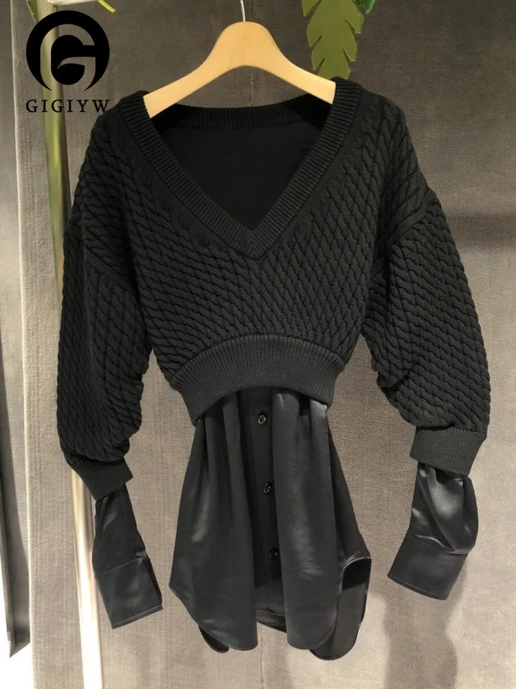 GIGIYW New Loose Splicing Medium Length Knitwear V-neck Fake Black Sweaters Women Autumn 2022 New Fashion