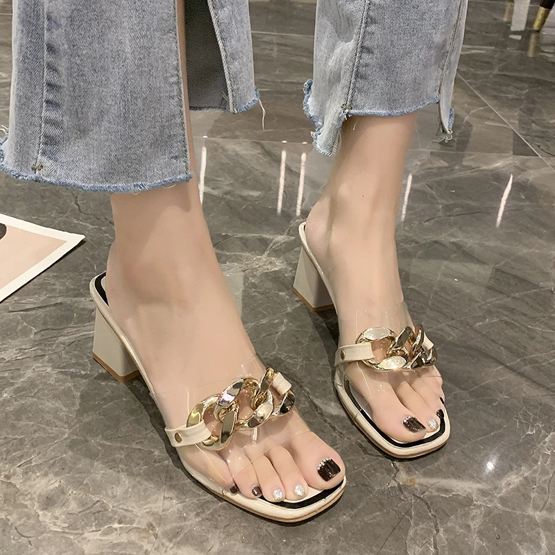 

Square Toe Open Toe Sandals Women Trans Paren Squareheel Slippers PersonaLity Metal Decorative 2022 Sandals Woman Summer New