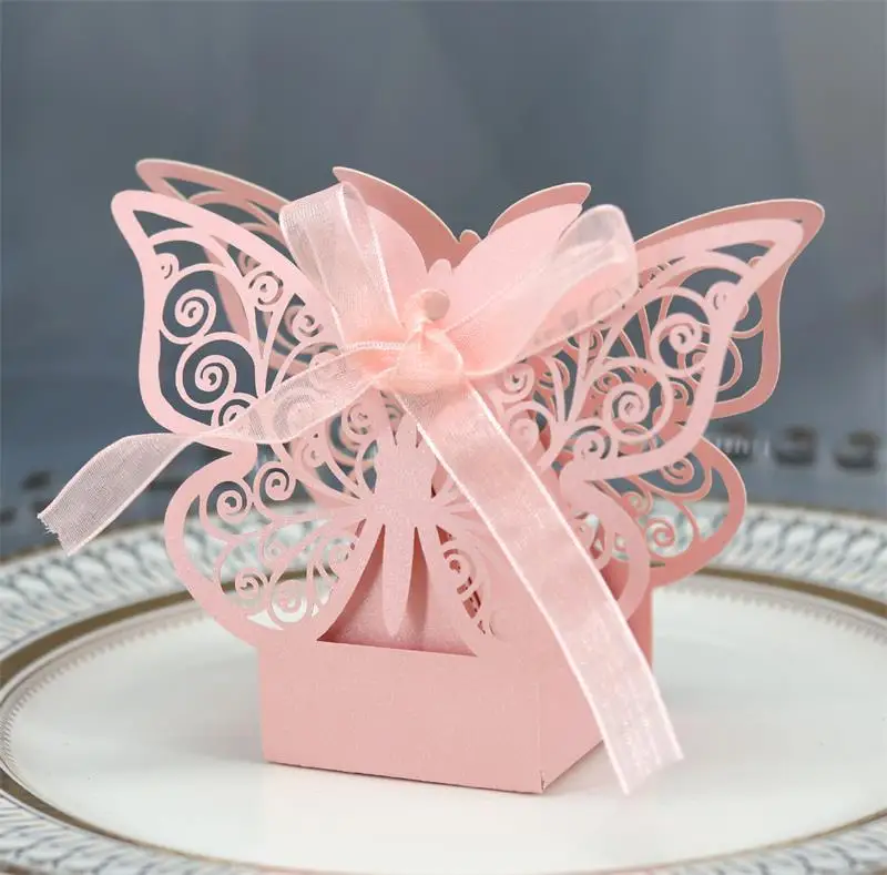 

50Pcs Hollow Wedding Butterfly Candy Box Birthday Christmas Souvenir Pink Candy Packaging Box Beautiful Wedding Chocolate Box