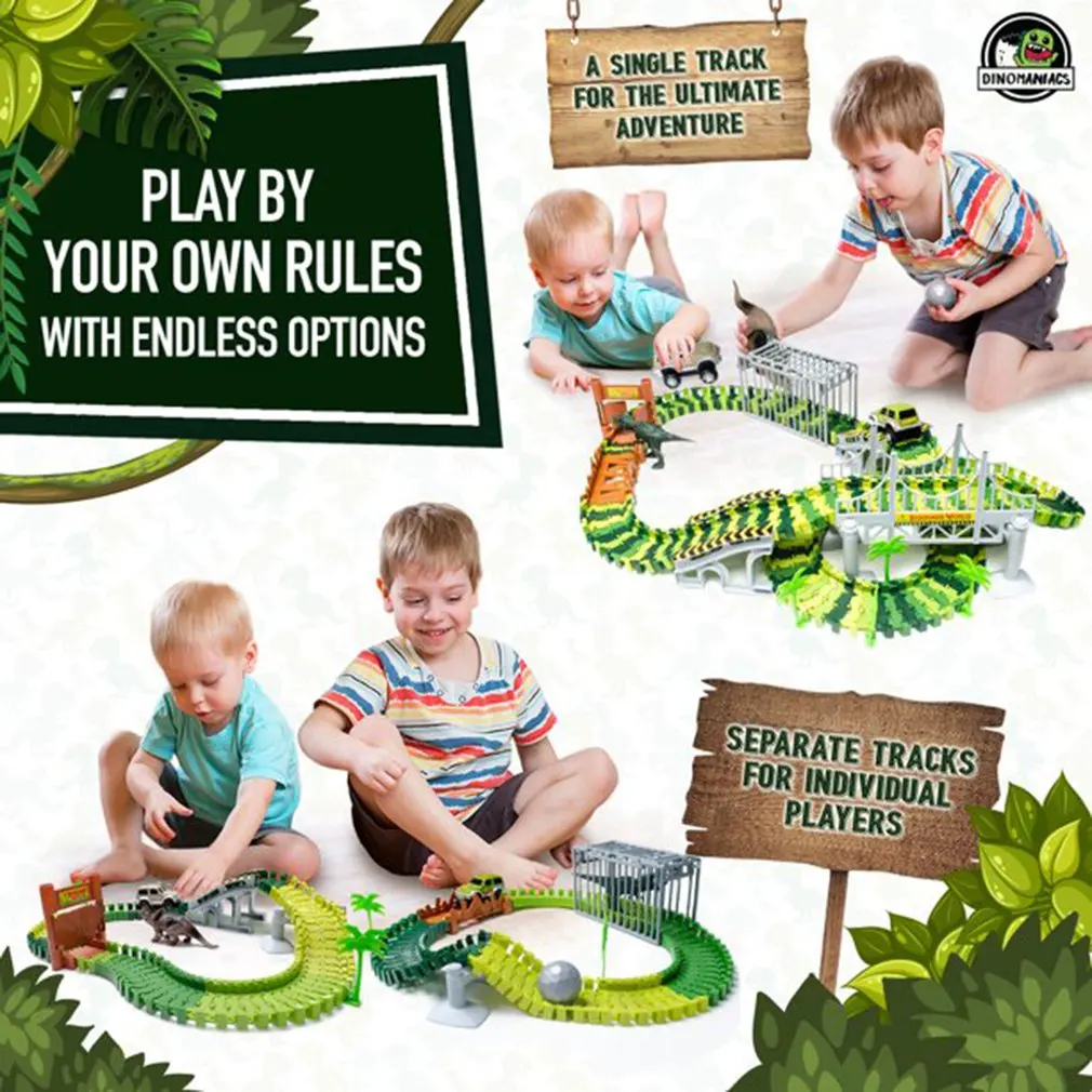 

DIY Dinosaur Race Track Toys Set Flexible Magical Racing Track Railway Car Hanging Bridge Dinosaurs Toy For Boys Girls Gift