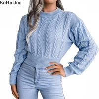 kohuijoo short knitted sweater woman 2022 autumn winter new o neck slim crop top long sleeve twist pullover sweaters gray