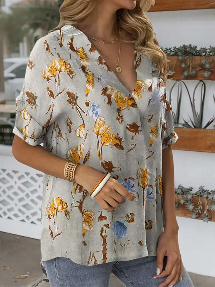 

2022 ZANZEA Women Short Sleeve V-Neck High Low Tops Spring Printing Blouse Bohemian Femme Fashion Casual Elegant Holiday Shirt