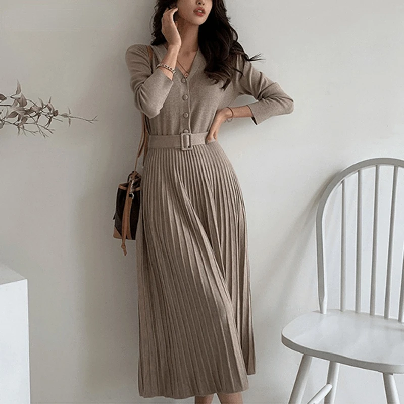 

Dinboa- Elegant V-neck Single Row Women Thicken Sweater Dress 2021 Autumn Winter Knitted Belted Female A-line Soft Dresses