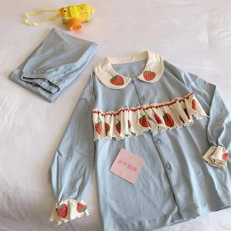 Pajama Set Women Kawaii Sleepwear Doll Collar Ruffles Strawberry Print Pijamas Japanese Teen Girls Home Clothes Cute Pyjamas