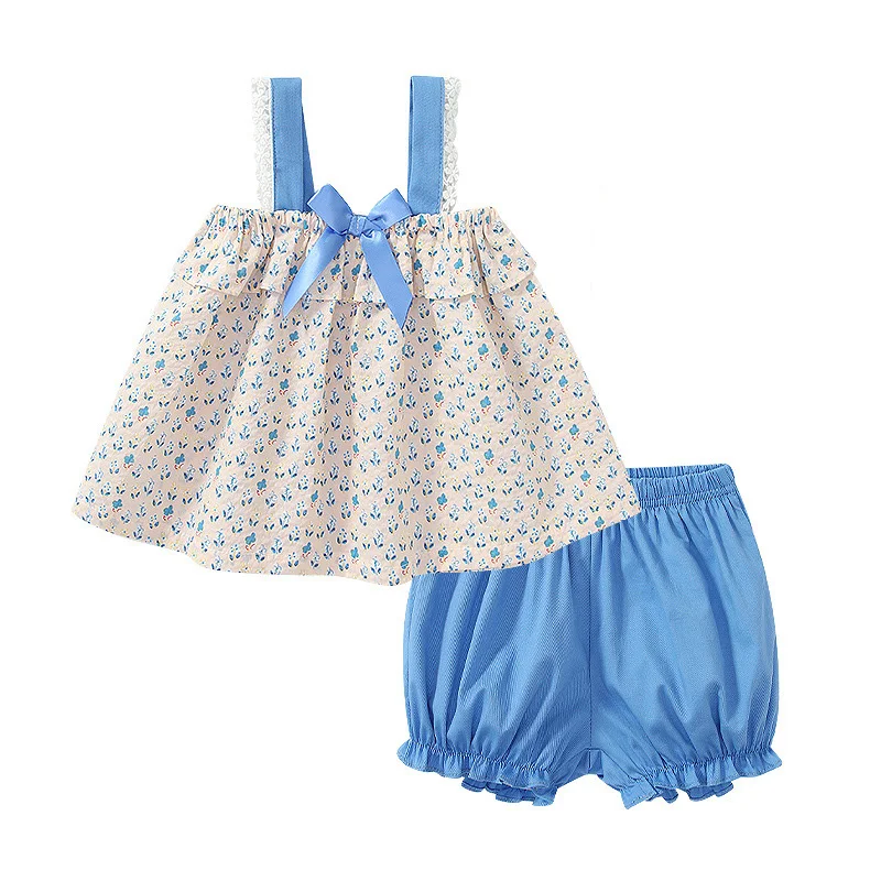 

Summer Children's Clothing Baby Girl Clothes Kids Suspender Dress Printing Bow-knot Tops Shorts Two Piece Set Outing Infant Sets