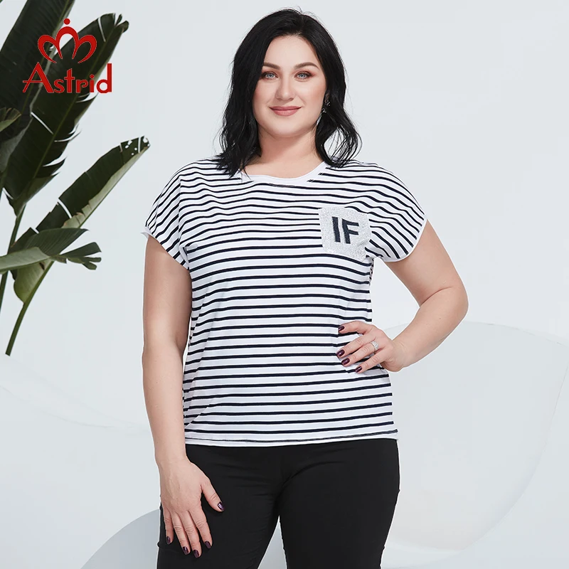 

Astrid Women's T-Shirt 2022 Cotton Top Female Oversized Black White Stripes Clothing Fashion Trends Diamond Pocket Blouses Tees
