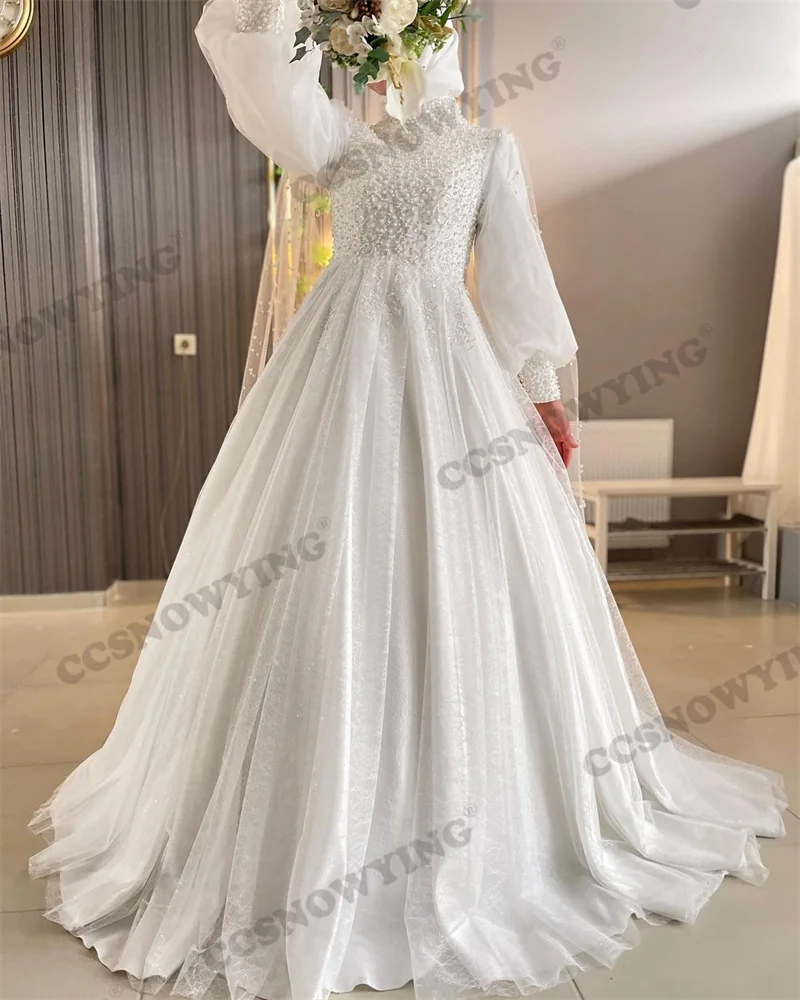

Lace Beaded Pearls Long Sleeve Muslim Wedding Dress for Bride High Neck Islamic Bridal Gowns Women Arabic Dubai Robe De Mariée