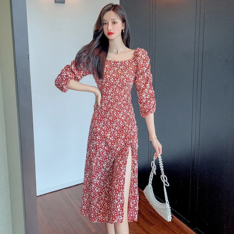 

Женские Сексуальные Платья с цветочным принтом, летнее богемное платье-трапеция с разрезом и коротким рукавом в Корейском стиле, женская од...