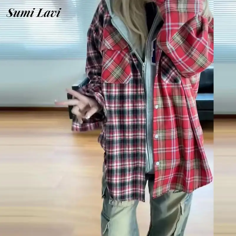 

Мужская винтажная куртка в стиле пэчворк, осенняя куртка с длинным рукавом и воротником на пуговицах, мужская одежда с принтом в клетку, модная уличная одежда, куртка