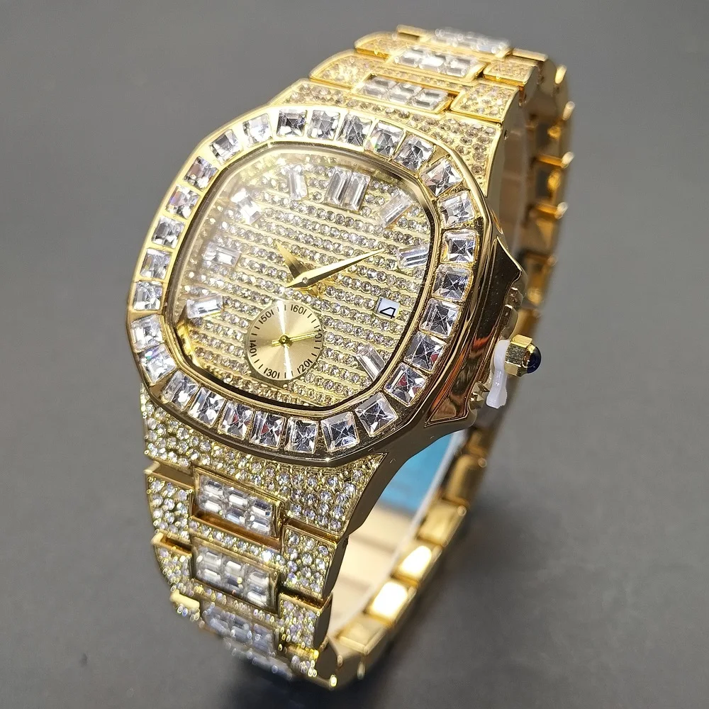 Dropshipping 18K Gold Watch Men Luxury Full Diamond Hip Hop Iced Out Quartz Wristwatches Calendar Male Clock Relogio Masculino dropshipping ice out bling diamond luxury watch men gold hip hop iced out watch men gold quartz watches stainless steel relogio