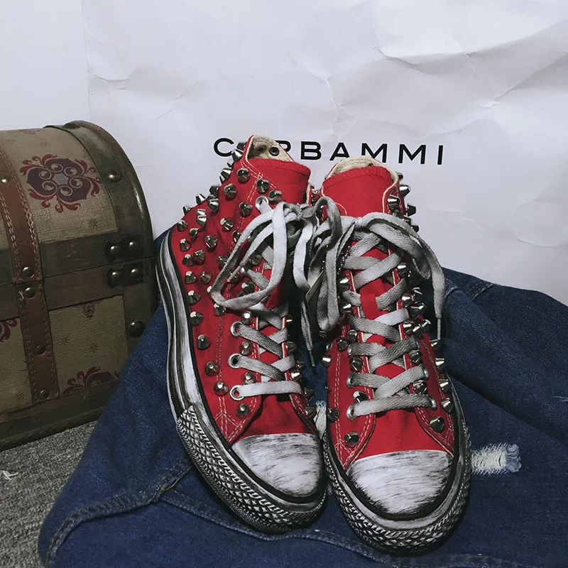 

Классические высокие холщовые туфли в стиле хип-хоп с заклепками, мужские и женские грязные туфли, туфли в стиле хип-хоп, большие размеры 35-46