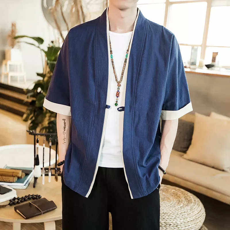 

NEW IN 2023 Summer Men's Linen Kimono Long Cardigan Outerwear Coats Fashion Streetwear Short Loose Male Jackets Casual Overc