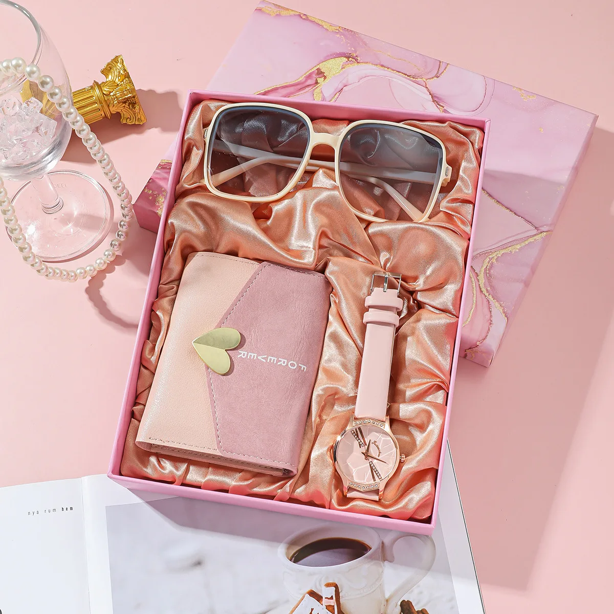 3Pcs Set Fashion Womens Watches Set with Box Luxury Quartz Watch Wallet Sunglass Wristwatch Set Gifts Box for Wife Girlfriend