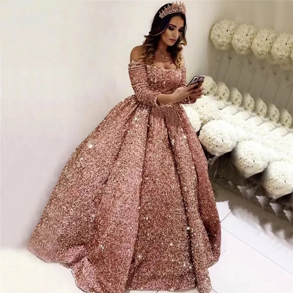 

Sparkly Pink Prom Dresses Long Sleeve Sequin Lace Up Ball Gown Vestidos De Fiesta Largos Elegantes De Gala 2022 Reflective Dress