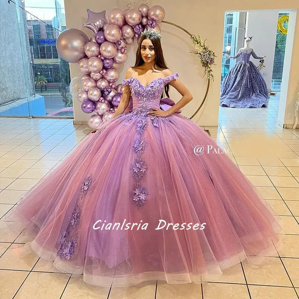 

Сиреневый корсет с бантом на спине и открытыми плечами, платья для Quinceanera, бальное платье с 3D цветочной аппликацией, милые платья 16 лет, 15 лет