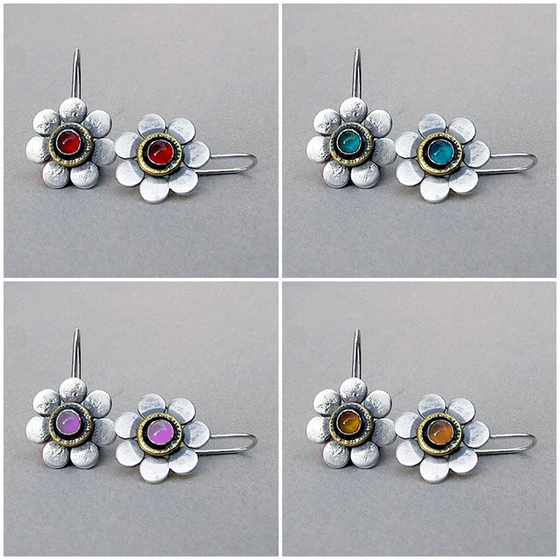 

Vintage Silver Multicolor Flower Earrings Ethnic Metal Bicolor Flower Plants Inlaid Red Zircon Pendant Women's Earrings jewelry