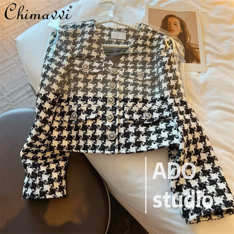 

Fashion Houndstooth Short Coat for Women 2022 Autumn New Elegant Socialite Design Tweed Long Sleeve Ladies Jacket All-Matching