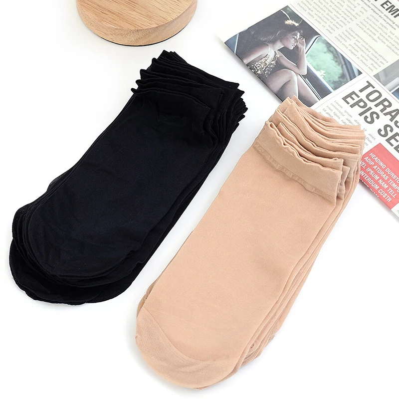 5 Pairs Women Ultrathin Transparent Silk Socks Summer Black Skin Color Nylon Elastic Crystal Short Ankle Sock for Ladies Female