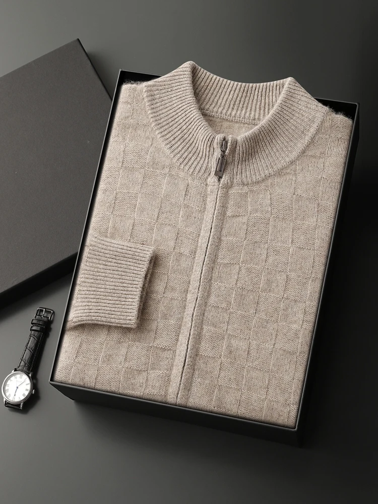 100% кашемир мужской вязаный свитер на молнии клетчатый кардиган с