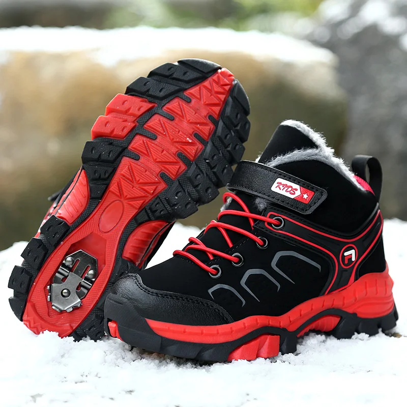 Children Casual Shoes Boys Non-slip Paw Winter Warm Fur Snow Boots Tactical Leather Sneakers Kids Outdoor Footwear Padded Boots