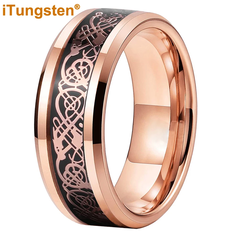 

iTungsten 8mm Tungsten Dragon Ring for Men Women Engagement Wedding Band Fashion Jewelry Carbon Fiber Inlay Beveled Comfort Fit