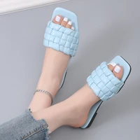 design weave soft slippers for women summer 2022 orange pu leather beach flip flops female square toe flat sandals plus size 43