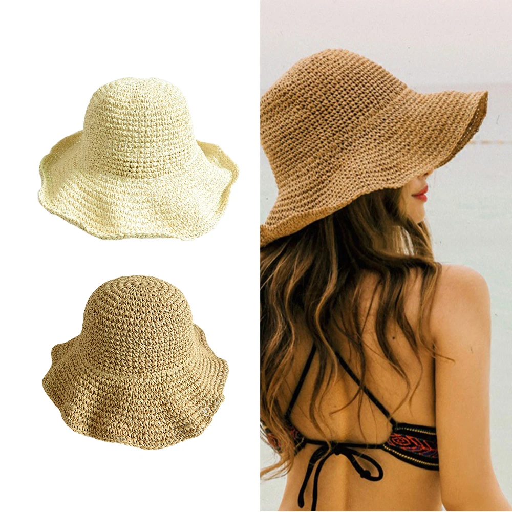 

1x Folding Straw Hat Women's Summer Outing Sun Visor Holiday Cool Hat Seaside Beach Hat Tide Summer Hats Wide Large Brim Sun Hat