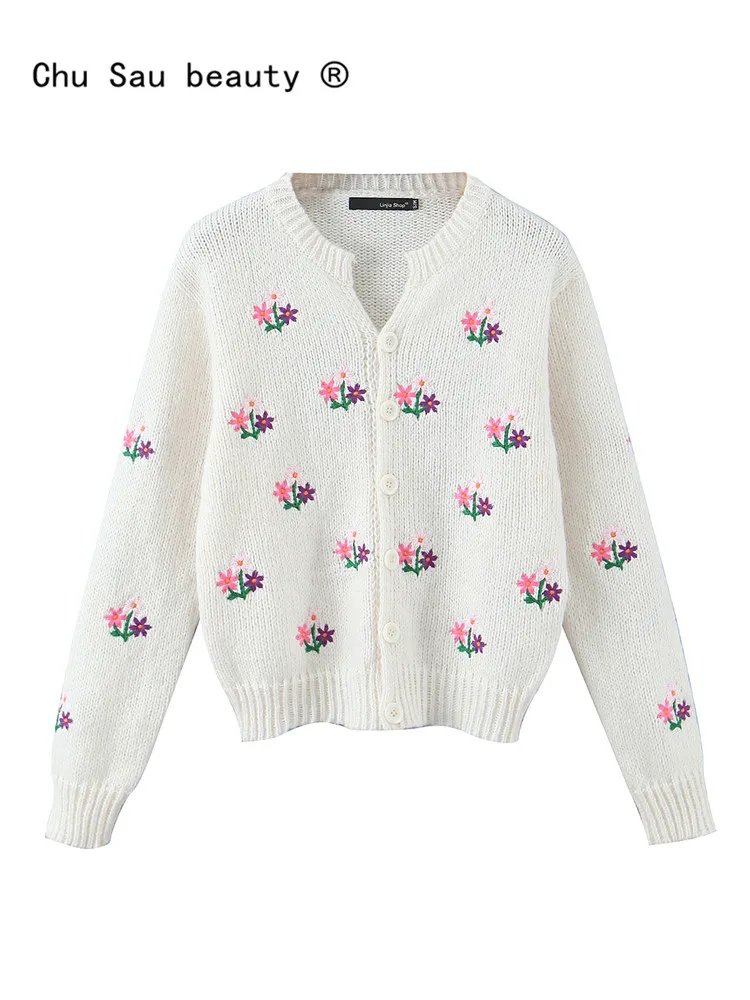 

Y2k осенне-зимний короткий вязаный кардиган, Женское пальто, новинка 2022, милый Повседневный свитер с круглым вырезом и цветочной вышивкой, Женская шикарная верхняя одежда