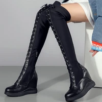 2022 high heel pumps shoes women genuine leather wedges over the knee high boots female lace up stretchy fabric fashion sneakers