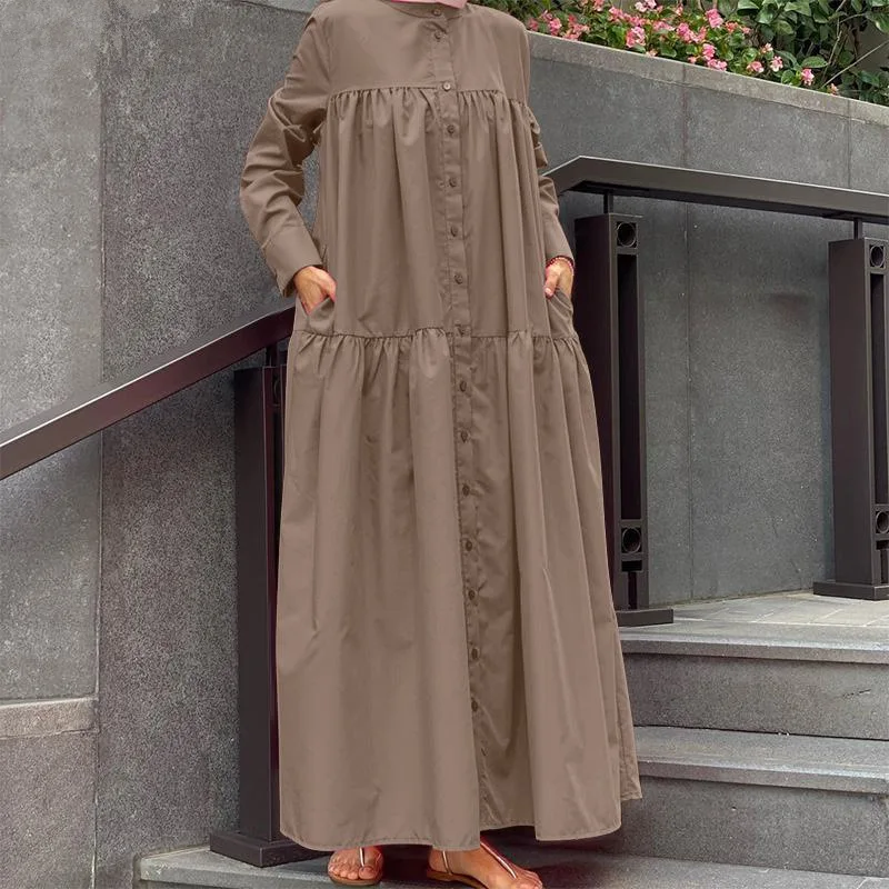 Stylish O Neck Dress  Vintage Loose Ruffles Button Vestidos Women Long Sleeve Fashion Dresses   muslim woman dress