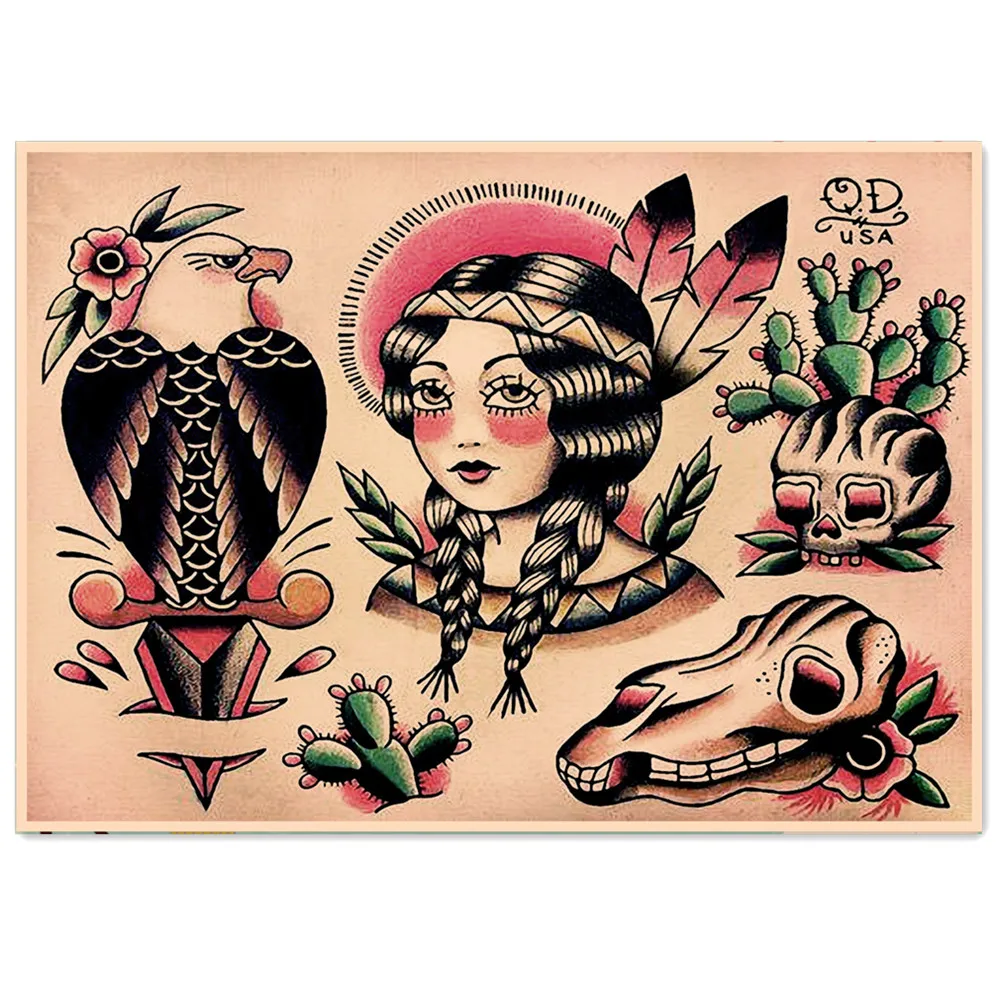 

Indian Girl Tattoo Art Poster and Prints Wall Hanging Pictures Vintage Kraft Paper Print Painting Bedroom Living Room Decoration